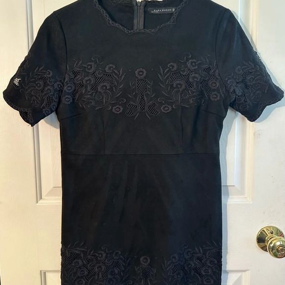 ZARA WOMEN FAUX SUEDE Black Medium Embroidery Short Sleeve Dress Cut Out - Picture 4 of 11